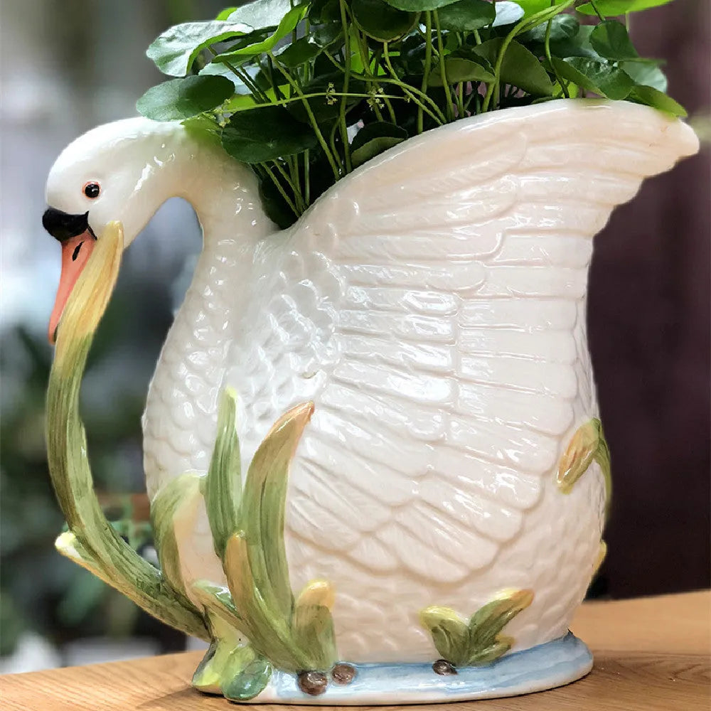 Ceramic swan vase with embossed pastoral style, 24.1cm by 15.2cm by 20cm, single vase in picture colour.