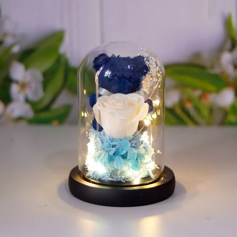 Eternal preserved rose and teddy bear gift box with warm LED lights