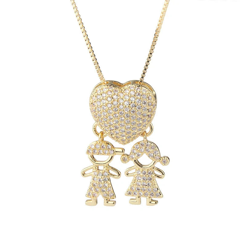 Gold cubic zirconia heart pendant necklace for mothers, symbolising family love.