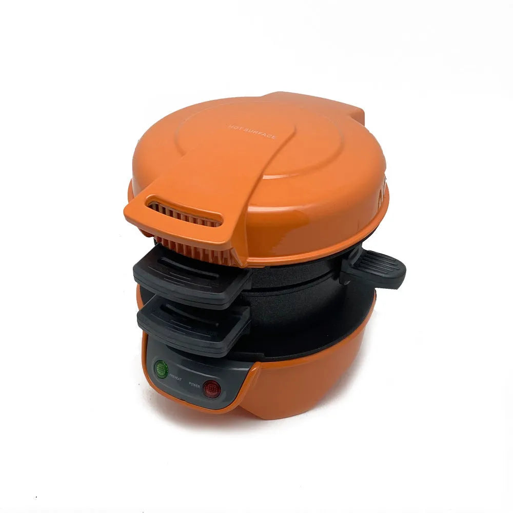 Household breakfast machine with sandwich maker and egg cooker ring in red, orange or silver grey
