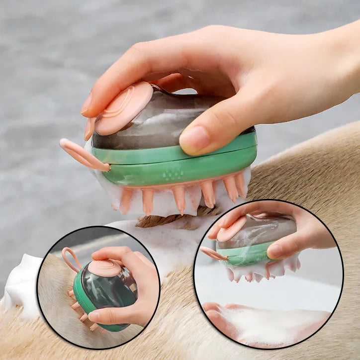 Blue and green pet bath brush with silicone bristles and a shampoo dispenser bottle in hand.