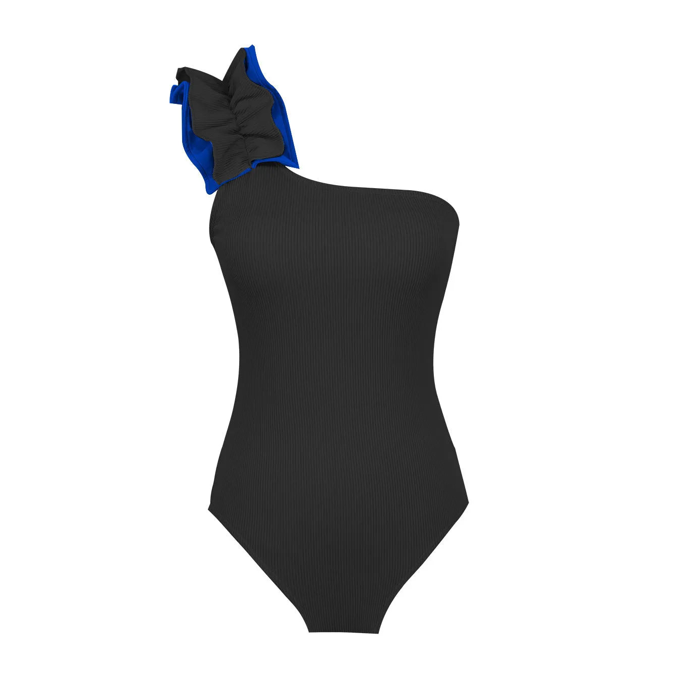 Women's single-shoulder suspender tube top one-piece swimsuit in a high-waist design on a model.