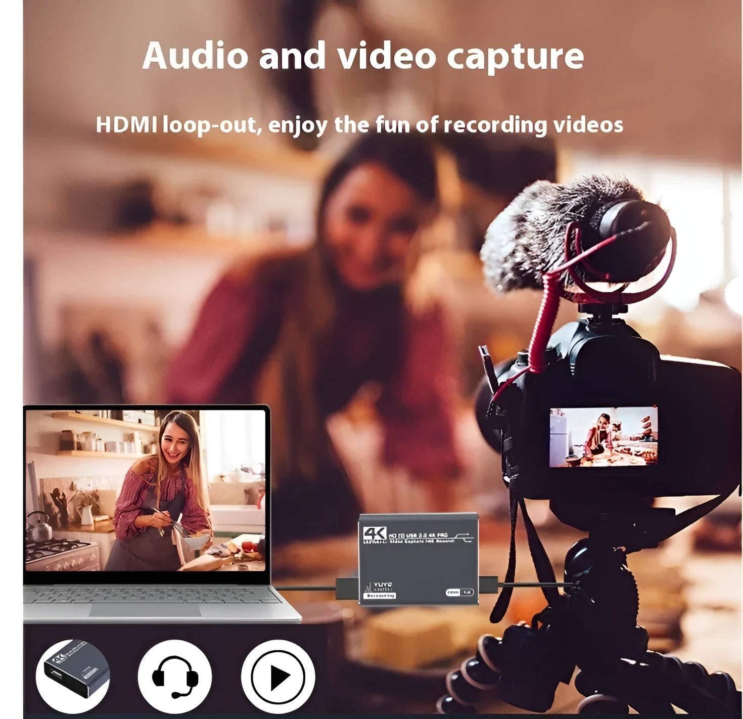Black 4K gaming set-top box with MS2131 chip for 1080p recording and audio capture