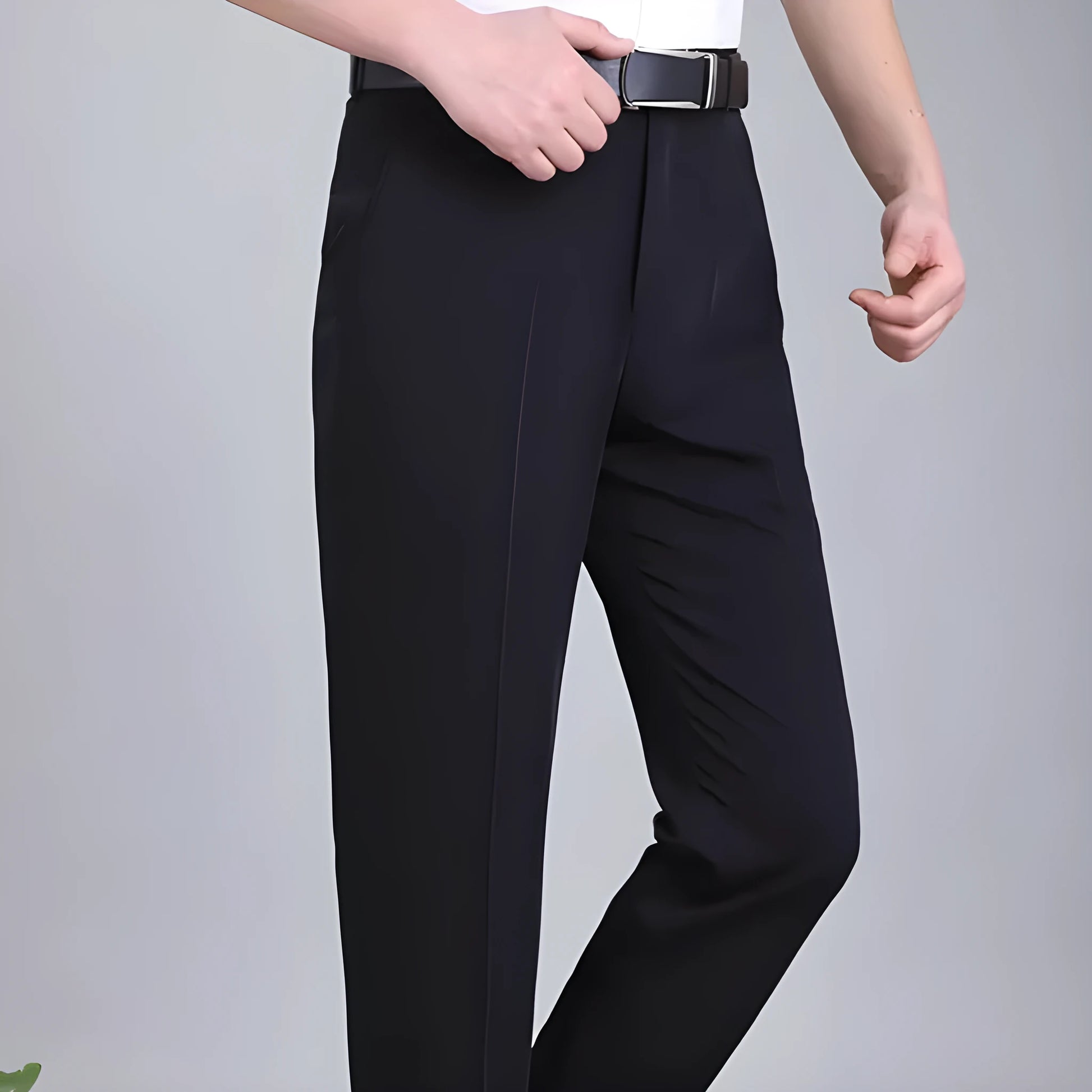 Man wearing dark blue straight-leg non-iron business trousers with a mulberry silk blend fabric.