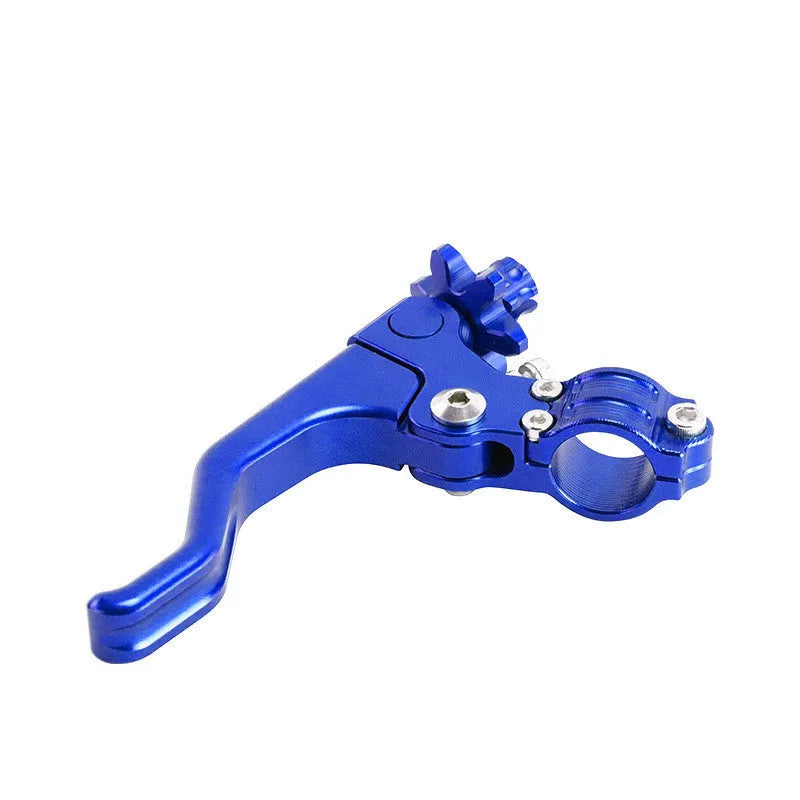 Aluminium alloy two-finger motorcycle clutch lever in eight colour options including red, black, blue, and silver.