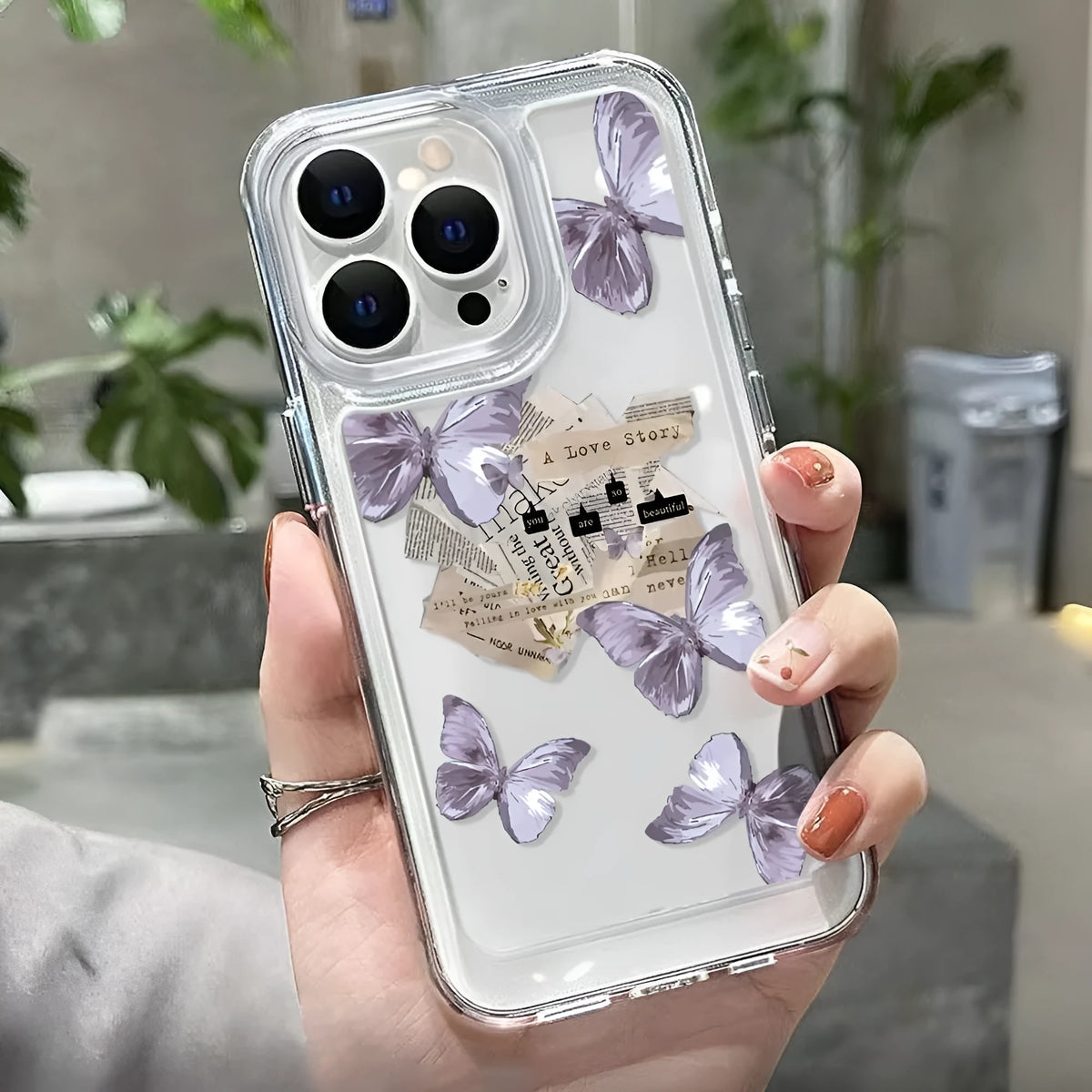 Purple butterfly TPU iPhone case in transparent black or white with lens fine hole and soft shell