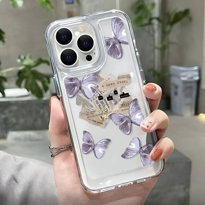 Purple butterfly TPU iPhone case in transparent black or white with lens fine hole and soft shell