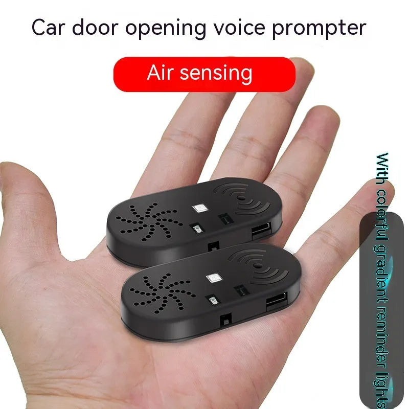 Car door open reminder alarm with upgrade infrared sensor in black ABS plastic, suitable for most vehicles with 5V USB power requirement, available in Chinese or English voice warning versions