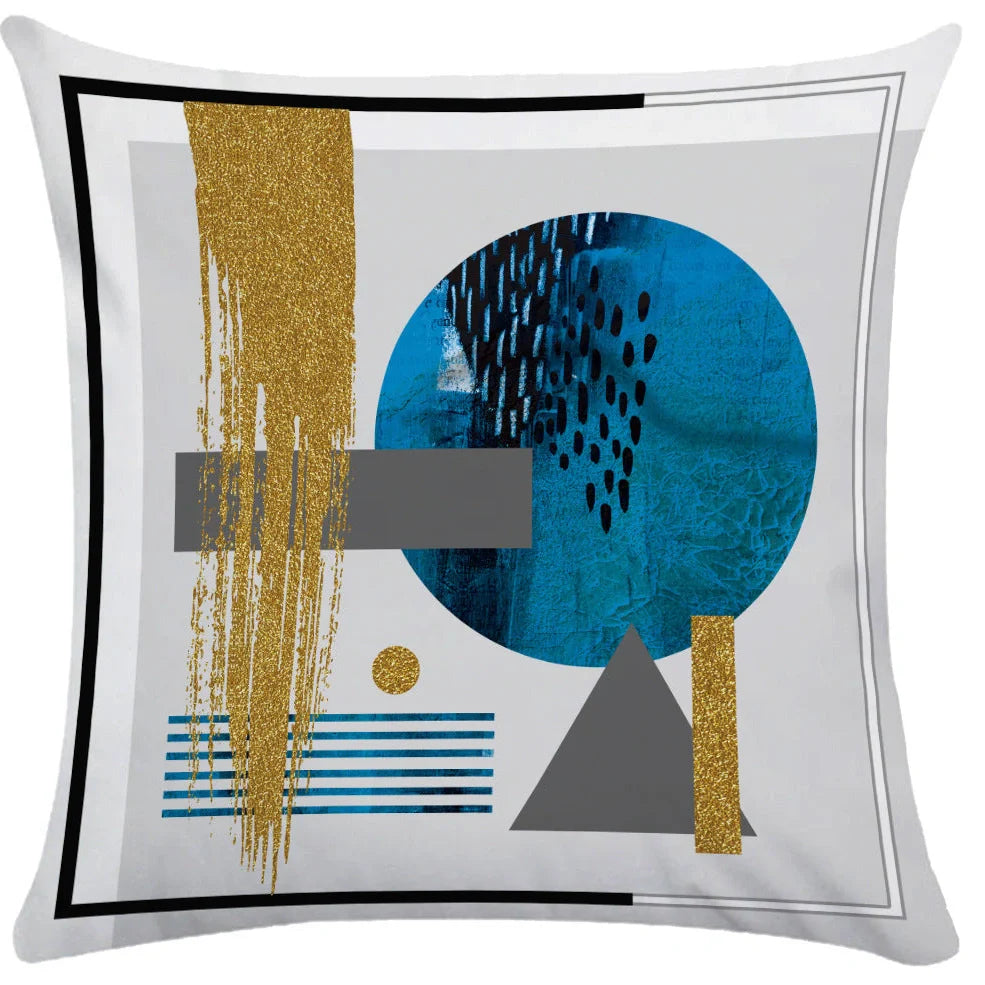 Geometric pattern throw pillow on office sofa showing 45x45cm size with ultra-flexible printing
