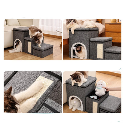Dark grey cloth pet steps ladder measuring 33x76x42cm for dogs and cats