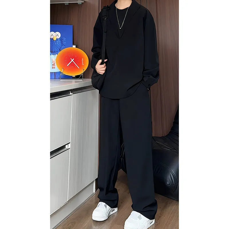 Men's black slim fit polo shirt and trousers set made from four-sided elastic hemp fabric