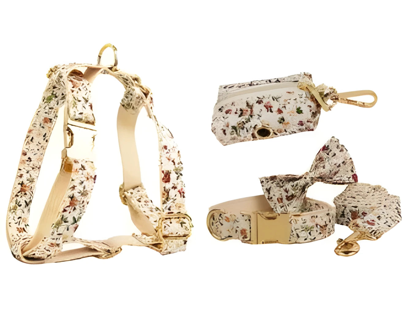 Small white flower decoration on a cloth dog collar and leash set with matching vest and bow.