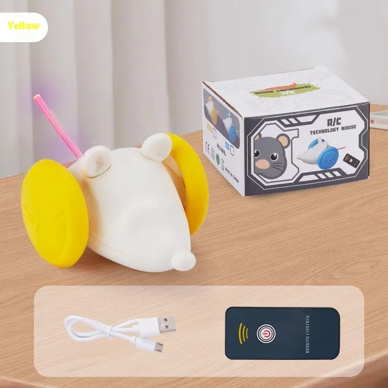 Blue and yellow electric cat toy mouse with remote control and charging cable for interactive pet play