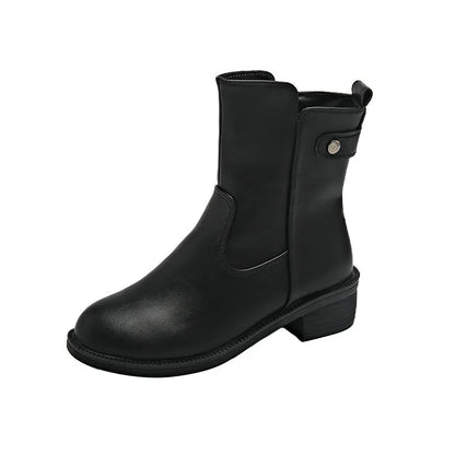 Black women's low heel boots with side zip and round toe design