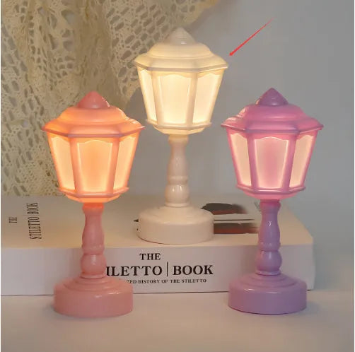 Retro pagoda geometric design night lamp with built-in battery in light purple colour