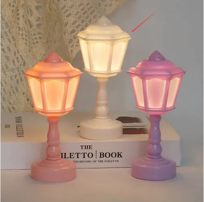 Retro pagoda geometric design night lamp with built-in battery in light purple colour