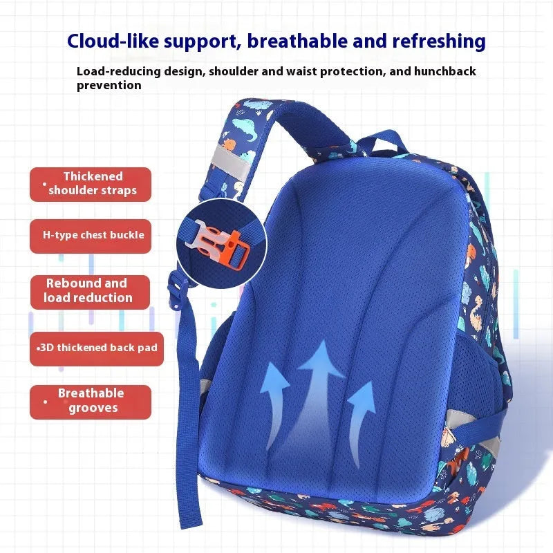 Blue children's school backpack with dinosaur pattern, showing curved shoulder straps and front pocket.