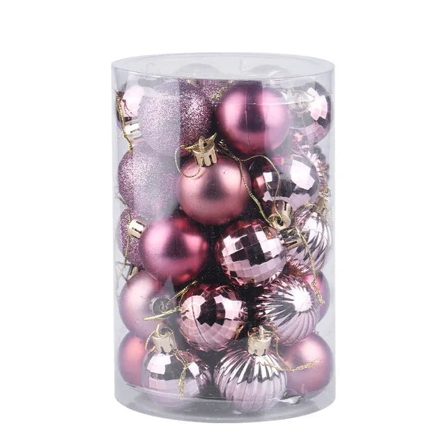 Assortment of 34 round 4cm plastic Christmas baubles in gold, silver, red, blue, and other colours.