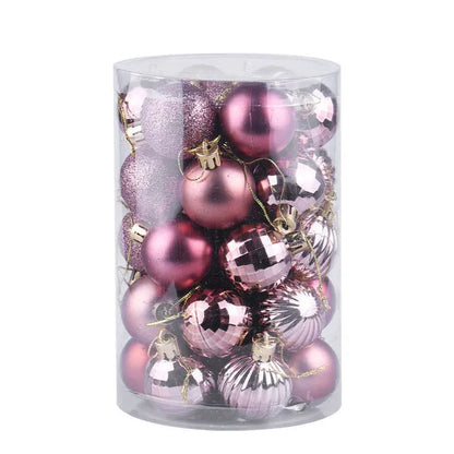 Assortment of 34 round 4cm plastic Christmas baubles in gold, silver, red, blue, and other colours.