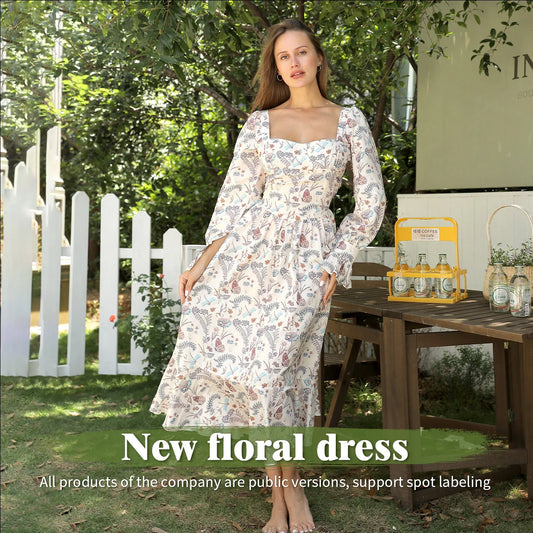 Elegant women's square neck printed long sleeve dress in floral design