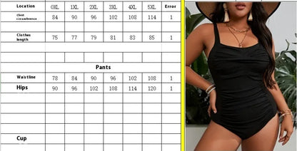 Black plus size one-piece swimsuit for women on a hanger.