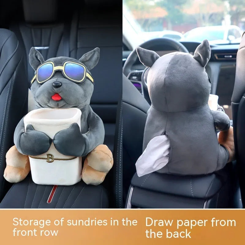 Plush fabric car tissue box organiser hanging from car armrest with flip-top design