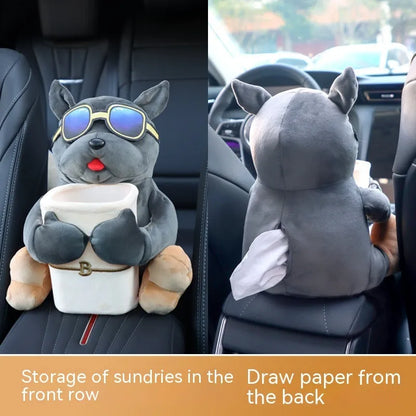 Plush fabric car tissue box organiser hanging from car armrest with flip-top design