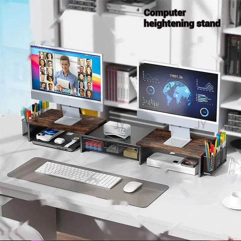Double-station desktop monitor elevated rack in carbon steel with modern simplicity design
