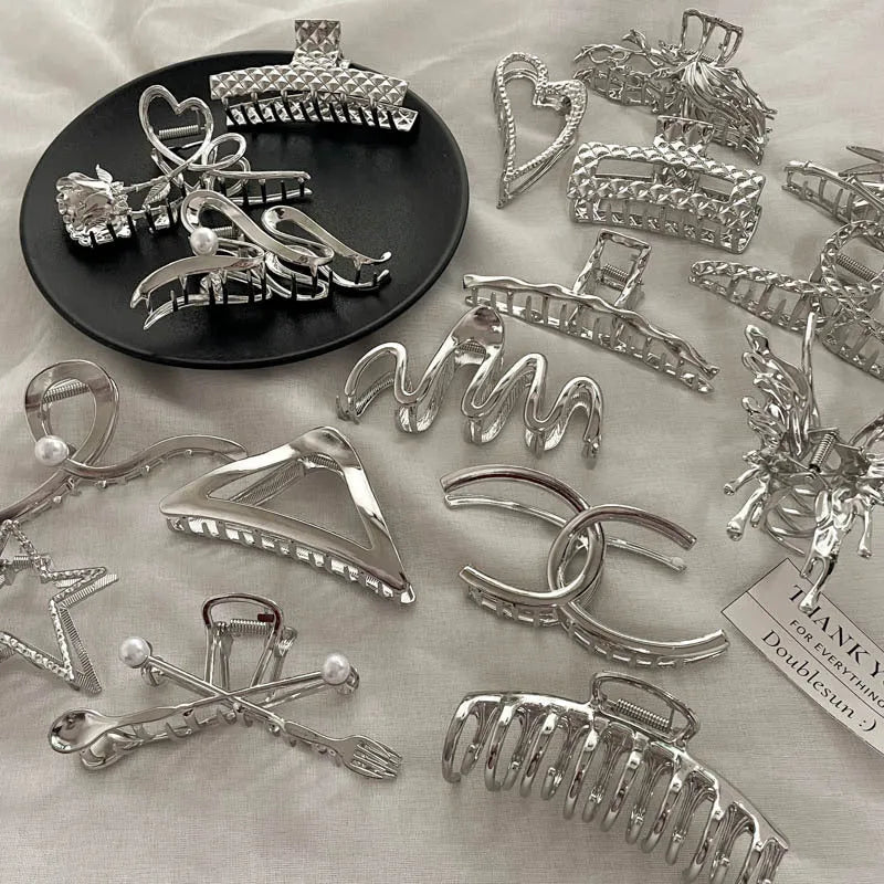 Silver metal hair claw barrette example from a range of 44 Korean-style designs.