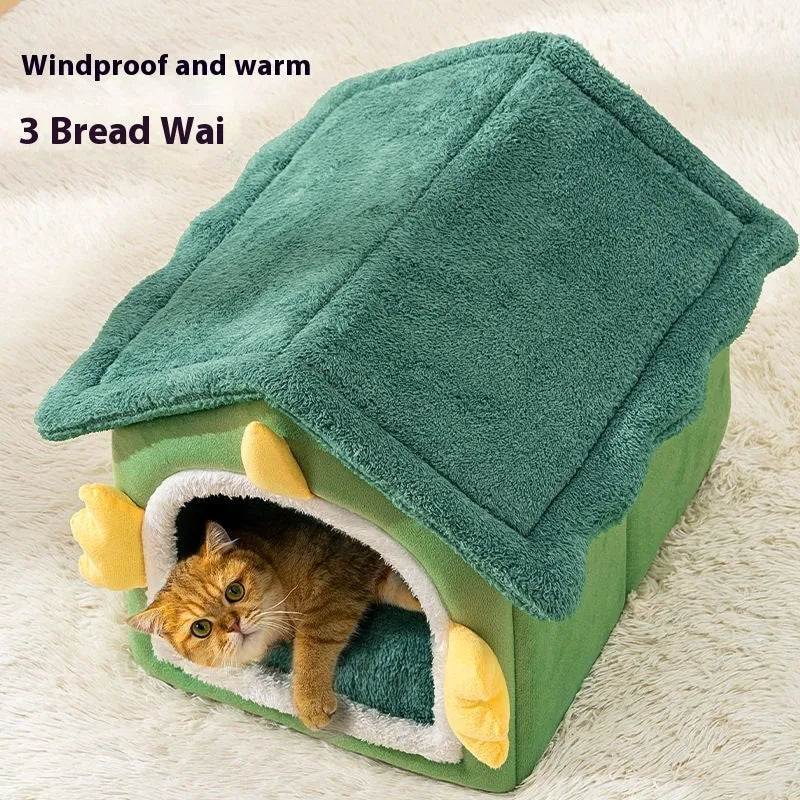 Large grey enclosed cat bed with soft cushion and blanket inside, shown next to a medium and small size.