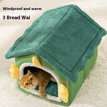 Large grey enclosed cat bed with soft cushion and blanket inside, shown next to a medium and small size.
