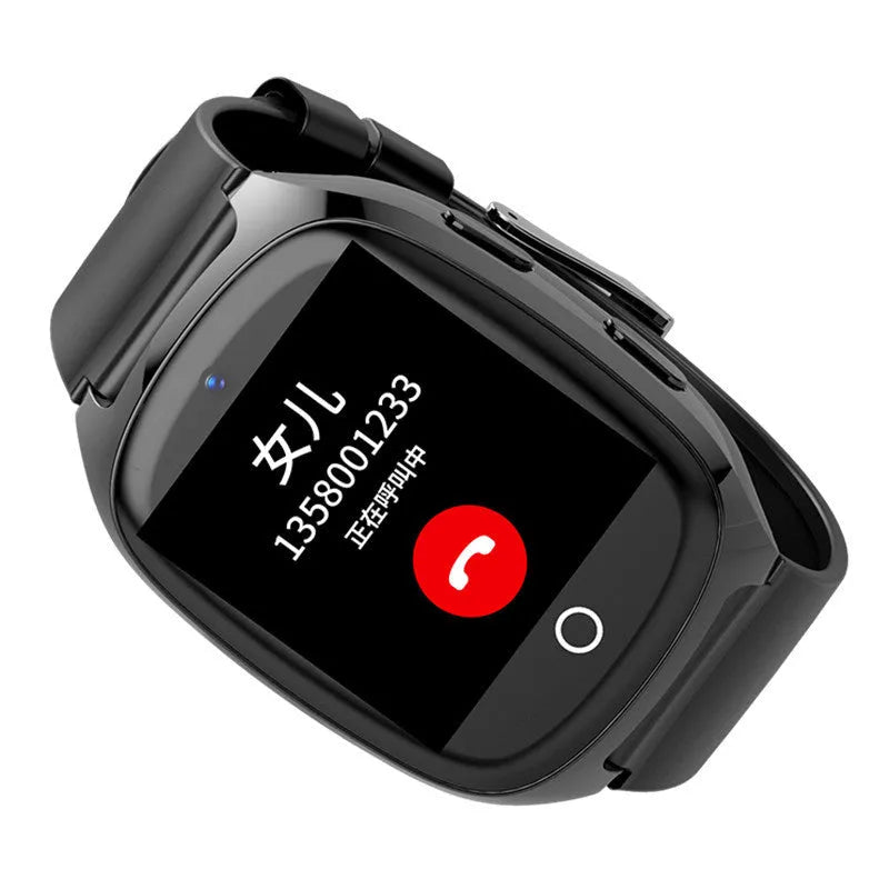 Black GPS smart watch with 1.54-inch touch screen showing SOS and health monitoring functions