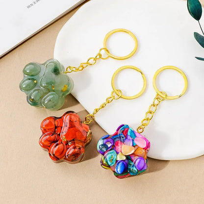 Natural crystal cat's paw keychain pendant with metal keyring in various gemstone colours