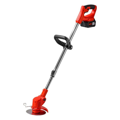 Portable household weeding machine in bare metal finish with long handle.