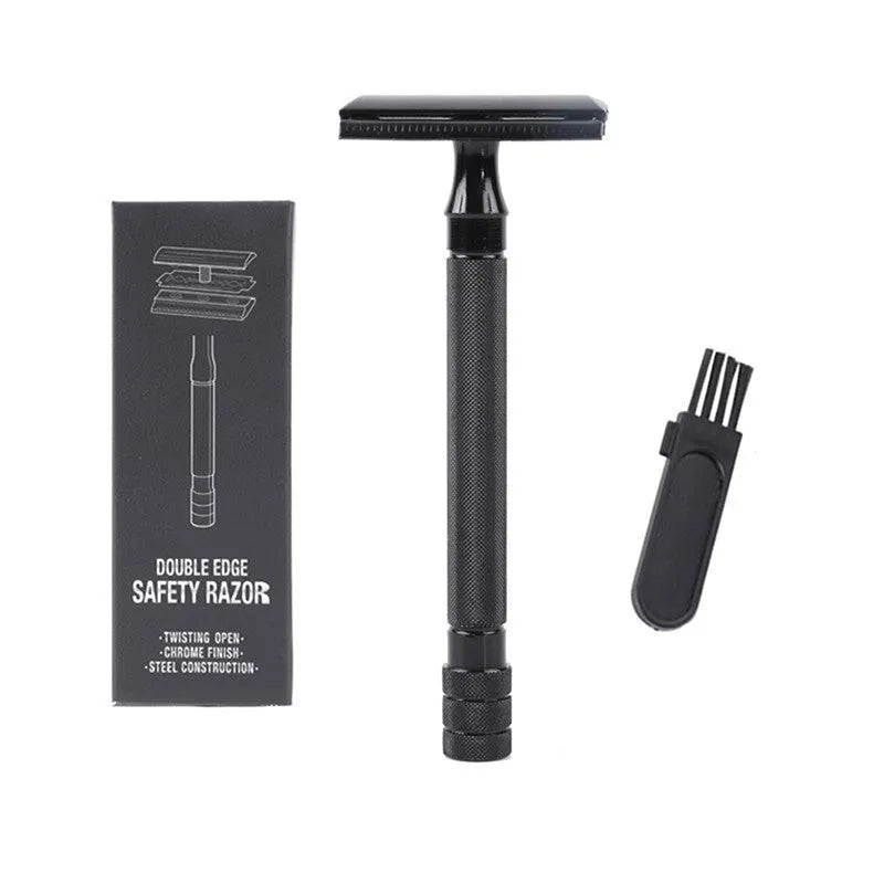 Traditional manual pogonotomy metal scraper and brush set in black or silver colour