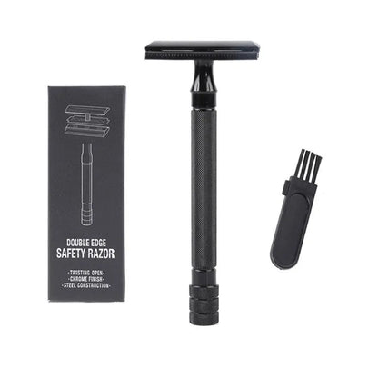 Traditional manual pogonotomy metal scraper and brush set in black or silver colour