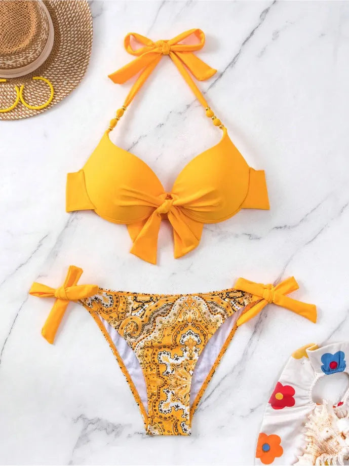 Ladies polyester bikini swimsuit set available in multiple colours including blue, red, and fluorescent green