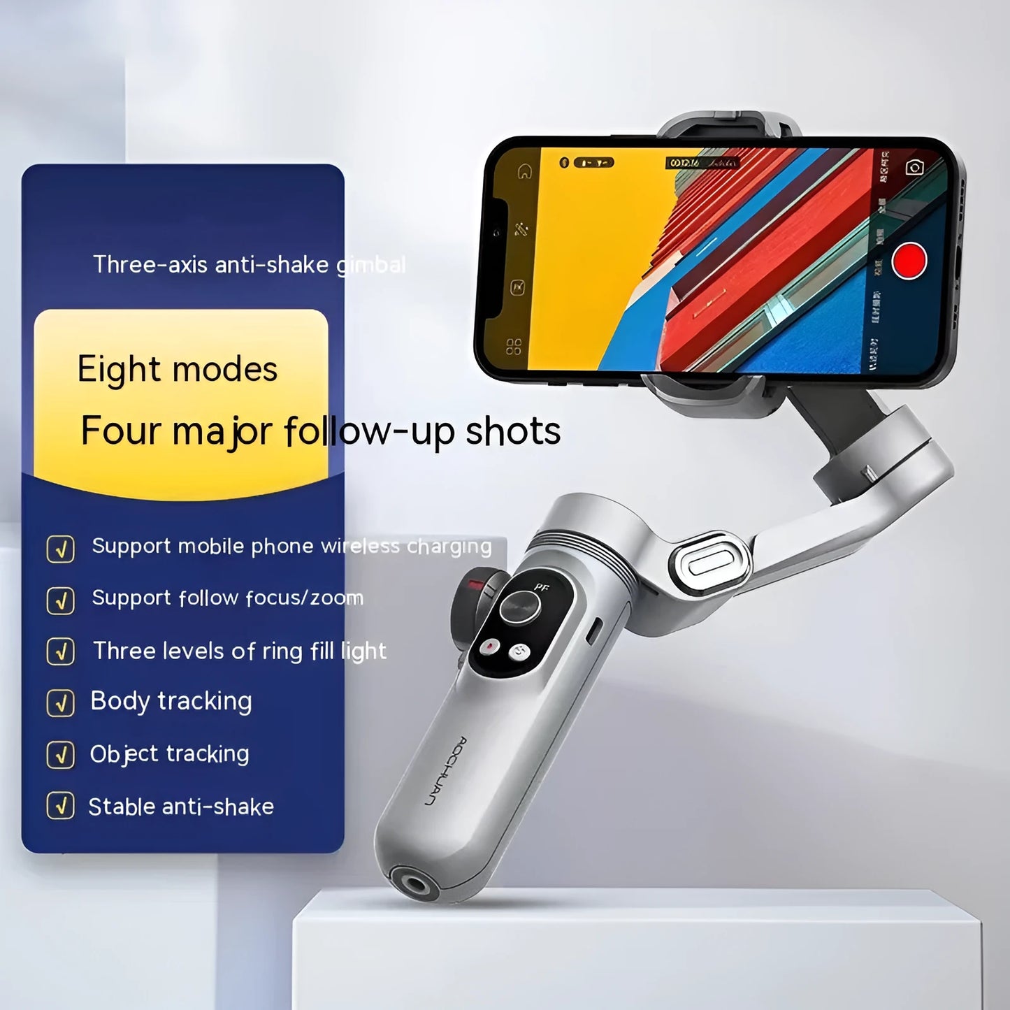 Silver grey Pro Mobile PTZ three-axis smartphone camera stabiliser gimbal with extended arm.