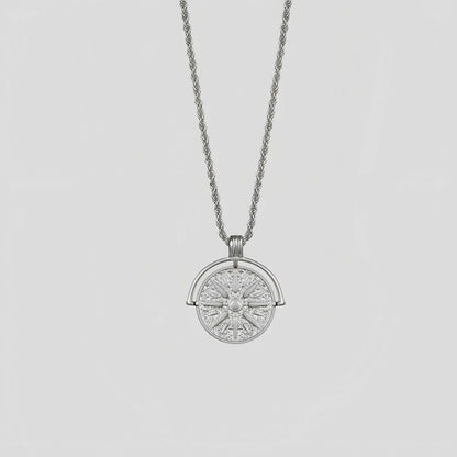 Stainless steel sunflower pendant necklace with geometric embossed design on adjustable chain