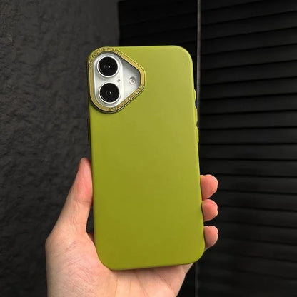 Ultra-thin frosted phone case with metal buttons and large metal hole in black for iPhone 14