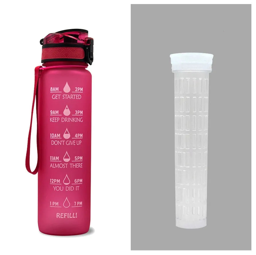 Blue and red gradient 1 litre Tritan sports water bottle with time markers and a flip-top lid.