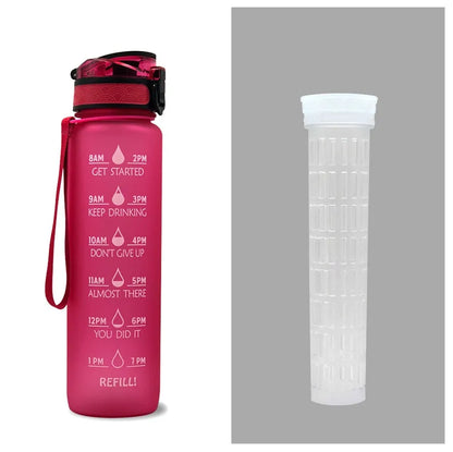 Blue and red gradient 1 litre Tritan sports water bottle with time markers and a flip-top lid.