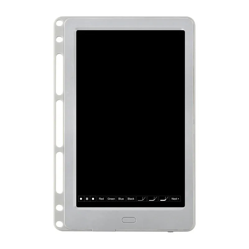 85-inch electronic writing pad with stitching detail in dark blue, shown with smart pen and charging cable.
