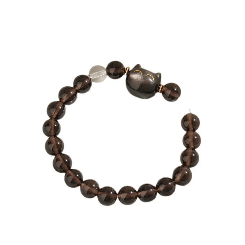 Women's silver cat head charm bracelet made from opal stone with an 8mm ice stone bead