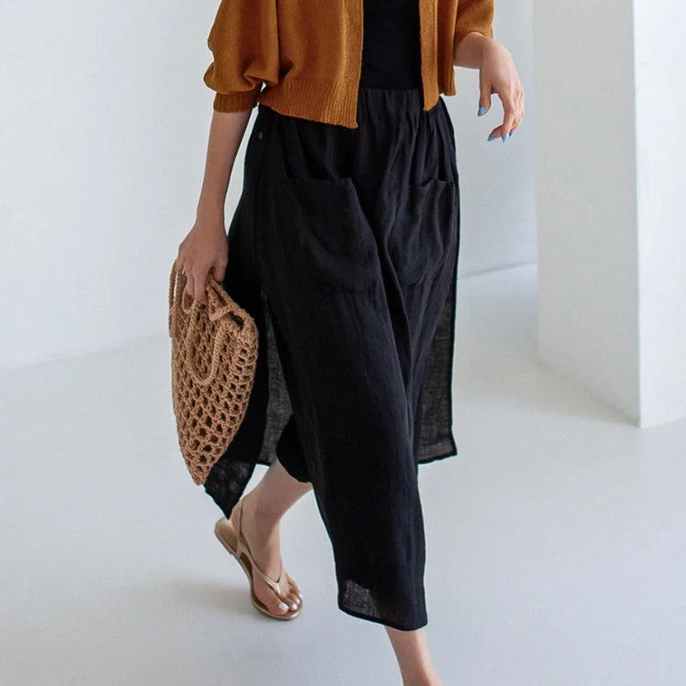 Elegant linen wide-leg culottes with double pockets in various colours and sizes