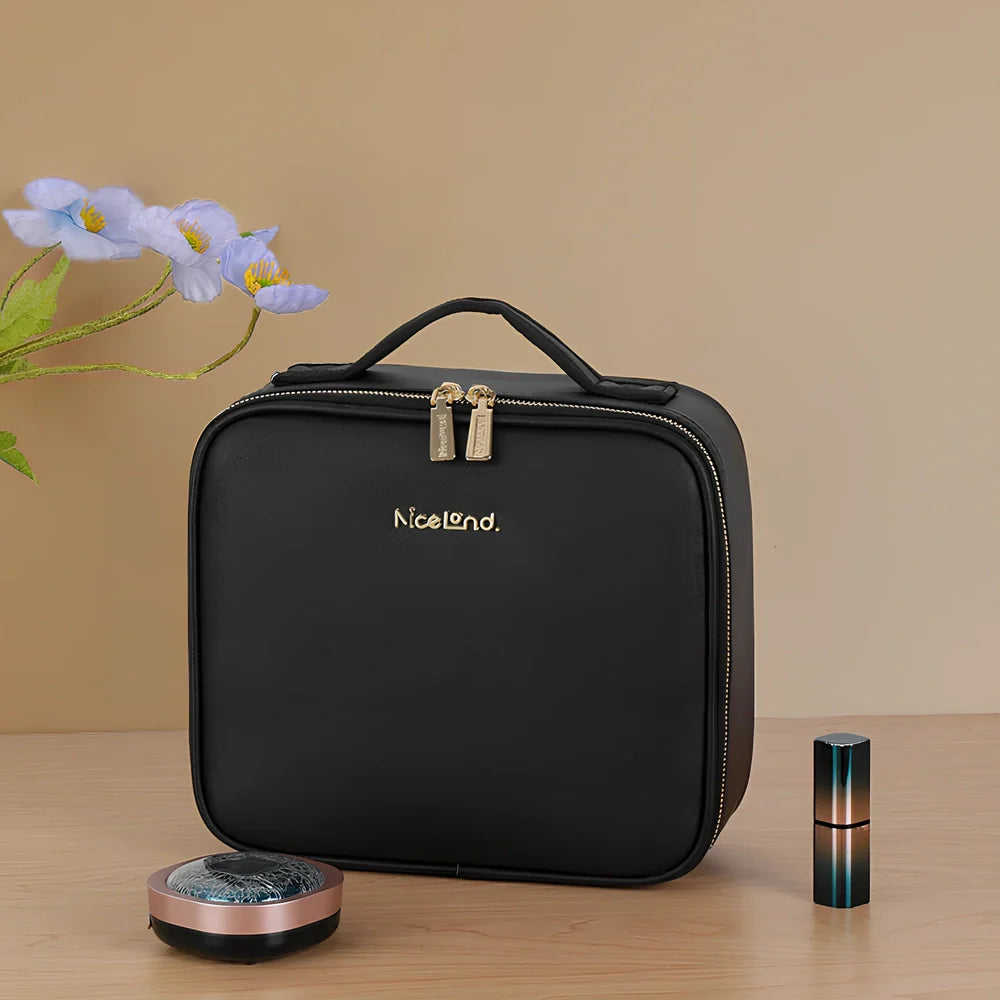 Large cosmetics bag with LED mirror light in black, measuring 26cm wide with USB charger