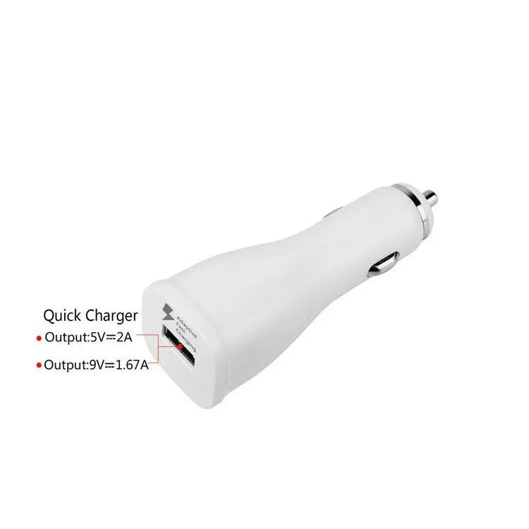 White single-port QC2.0 USB car fast charger for vehicles with safety protections.