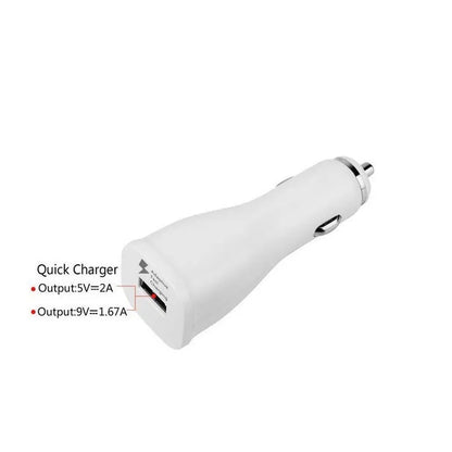 White single-port QC2.0 USB car fast charger for vehicles with safety protections.