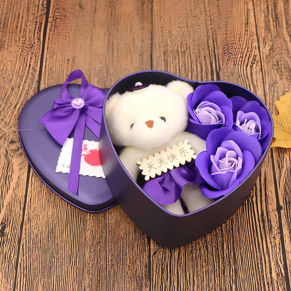 Handmade soap flowers in red heart-shaped tin box measuring 12x12x5cm