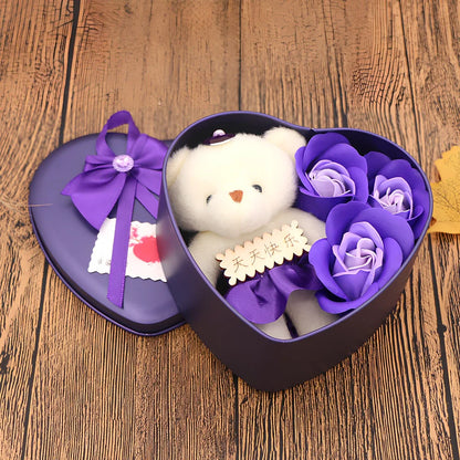 Handmade soap flowers in red heart-shaped tin box measuring 12x12x5cm